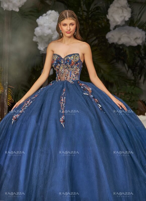 Vestidos Quinceanera Azul Royal, vestido de baile Puffy Sweet, apliques com gola V, brilhante, 16 vestidos, 15 anos
