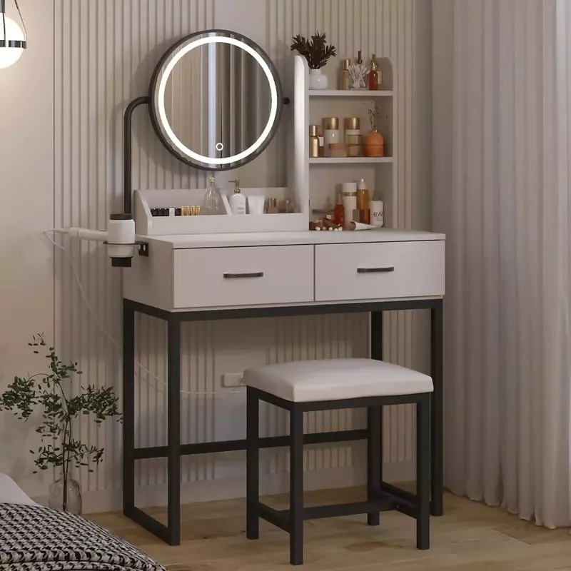 Muebles de lujo para el hogar, tocador de mesa de maquillaje con espejo y luces, 3 modos de iluminación, muebles de tocador, 31 pulgadas (L)