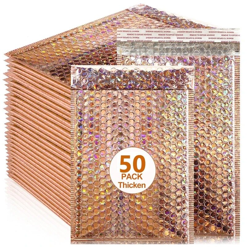 Tas pengiriman amplop gelembung, 50 buah paket pengiriman holografik Laser perlengkapan bisnis kecil tas pengiriman