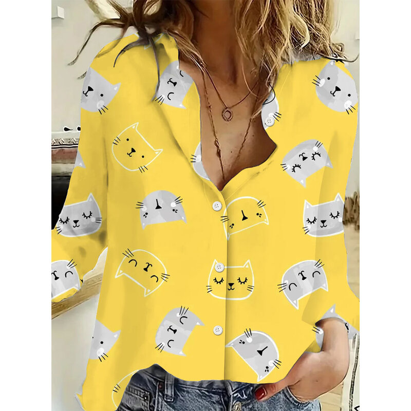 Camisa de manga comprida feminina, botão estampado gato fofo, blusas casuais, roupas femininas de verão, moda 5XL, 2024