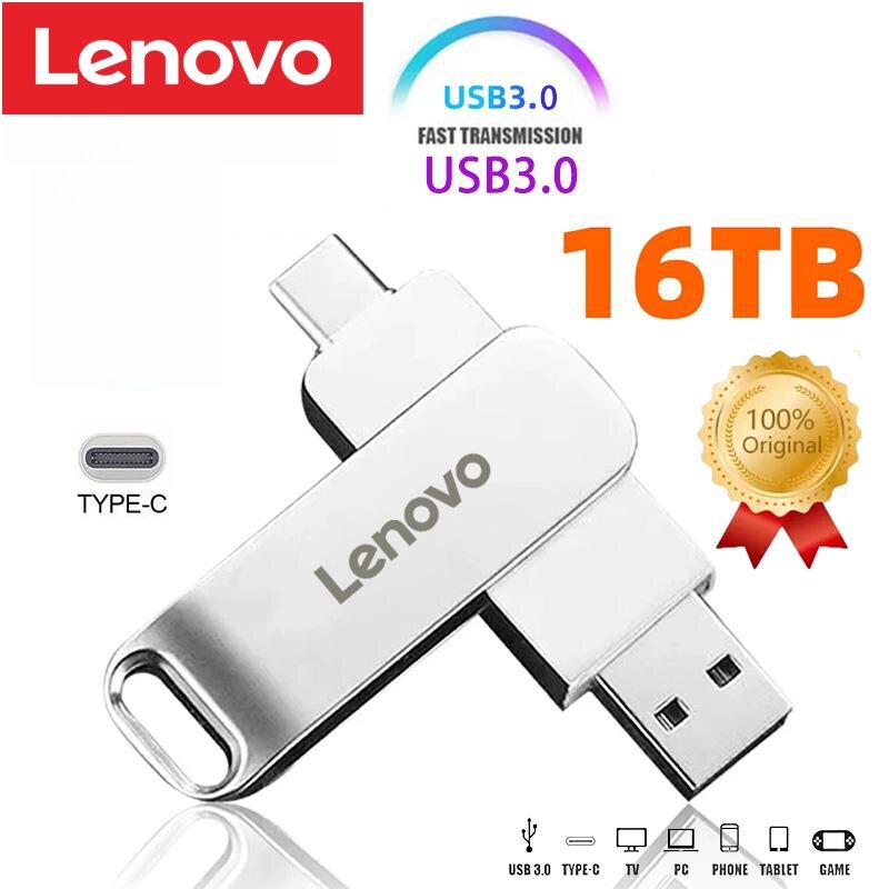 Lenovo-Pendrive Metal, Cartão de Memória, Disco Flash, Cartão de Memória, Cartão de Memória, 16TB, USB 3.0, Novo, 2024