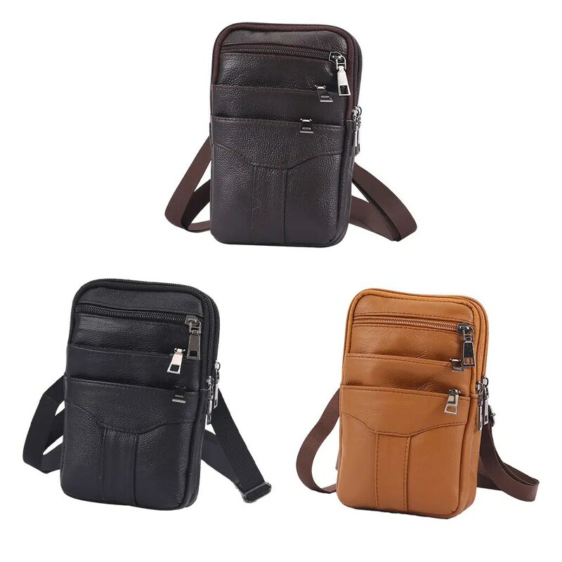 Leather Men Waist Bag Solid Color Zipper Replacement Rectangular Crossbody Smart Phone Earbud Wallet Pack Pouch Black