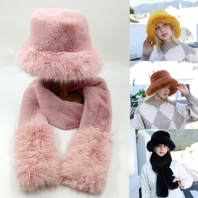 New bucket hat and scarf suit plush hat for men and women rabbit hair like warm water outdoor cold proof fashion fisherman hat