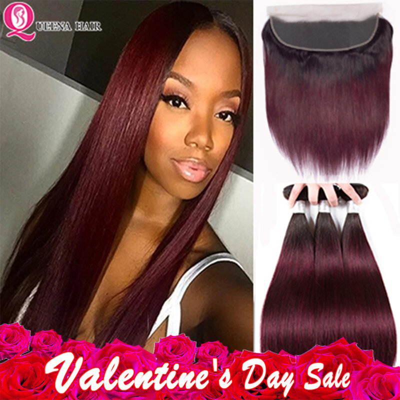 Ombre 1B/99J Bundles With Frontal Closure 99j Wine Red Straight Human Hair Bundles With Frontal Peruvian 2 Bundles With Frontal
