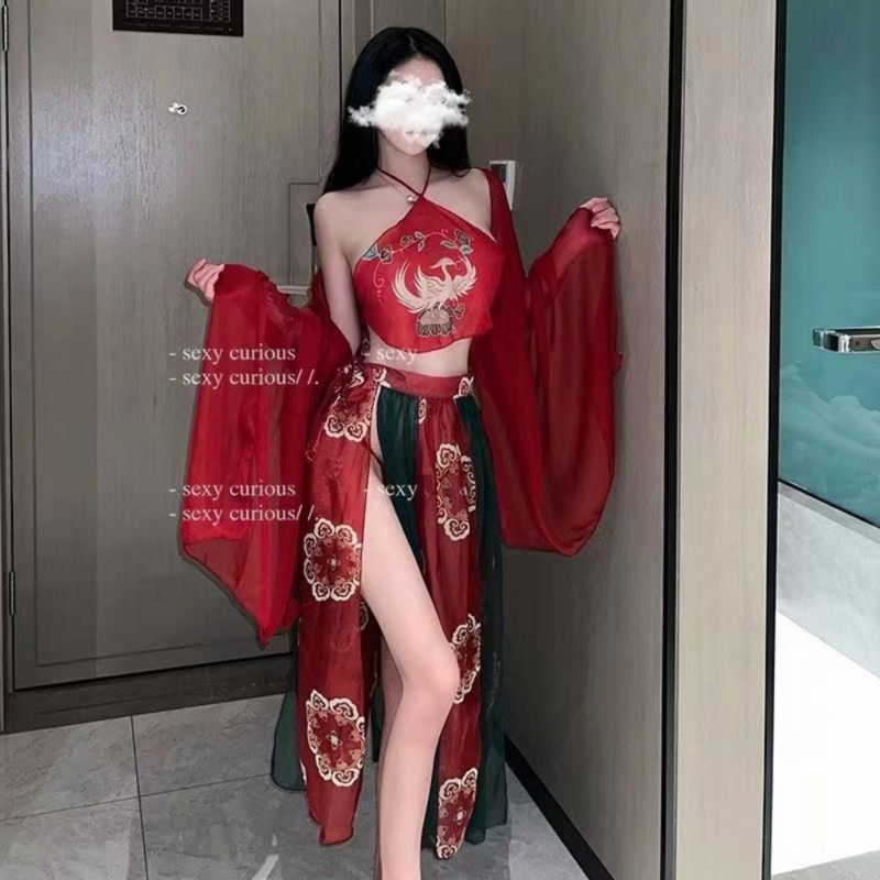 Women's Red Hanfu Lingerie Imperial Flying Fairy Uniform Hot Shawl Pajamas Bandage Skirt Set Traditional Chinese Lingerie