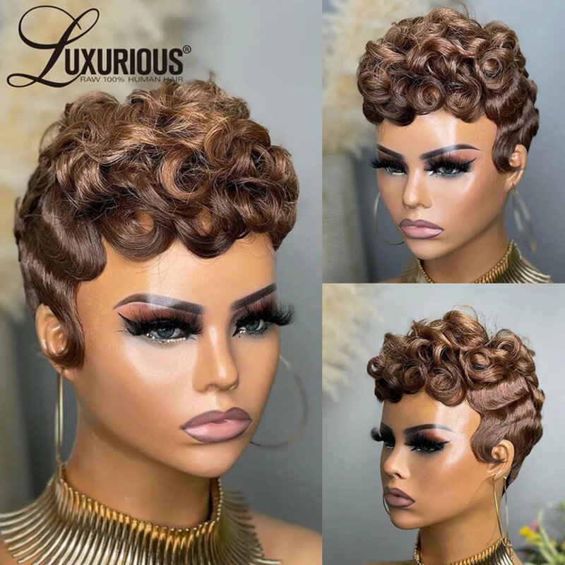 Short Curly Pixie Cut Full Machine Made Wig Wear And Go Burgundy Ginger Wig For Black Women Brazilian Virgin Remy Human Hair Wig