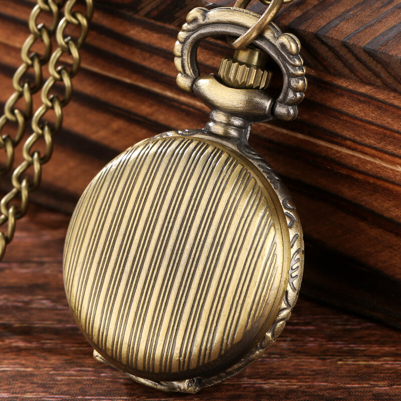 Bronze Small Size Stripe Design Necklace Clock Mini Styles Antique Steampunk Classic Quartz Pocket Watch and Chain for Men Women
