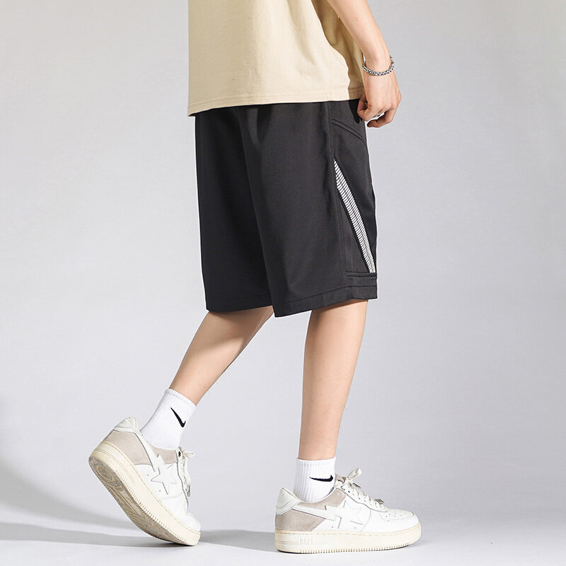 High Street Vintage Loose Casual Shorts Men's Clothing Chic Elastic Drawstring Summer Straight Solid Color Spliced Knee Pants