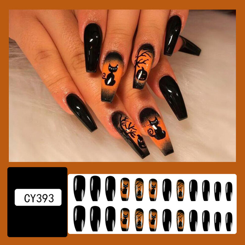 Halloween Dark Cat Printed Fake Nails Chip-Proof Smudge-Proof Fake Nails for Manicure Lovers and Beauty Bloggers