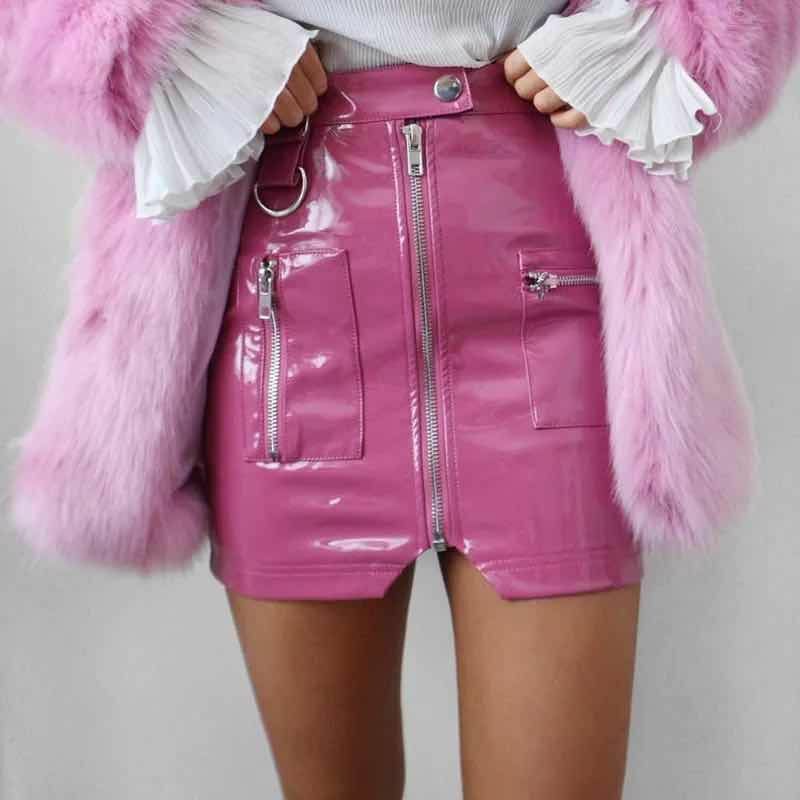 Mini saia de couro PU feminino, cintura alta, zíper, bolso, pacote quadril, curto, fêmea, streetwear, festa, roupas sexy