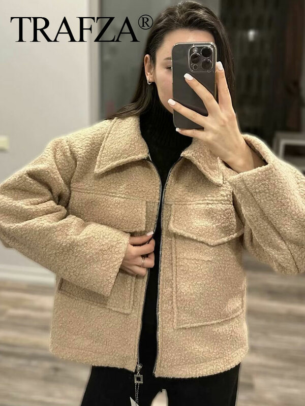 TRAFZA Street Retro Coats For Women 2024 Long Sleeves With Pockets Zipper Turn Down Collar Solid Fashion Loose Chic Jackets