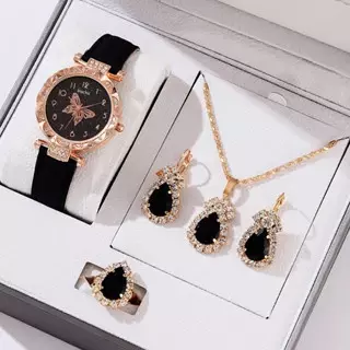 5 Stück Frauen schwarz Leder armband Quarzuhr Mode Damen Schmuck Armbanduhren Set
