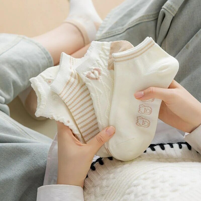 Calcetines tobilleros de algodón con encaje a rayas para mujer, medias cómodas y transpirables de estilo universitario, H101