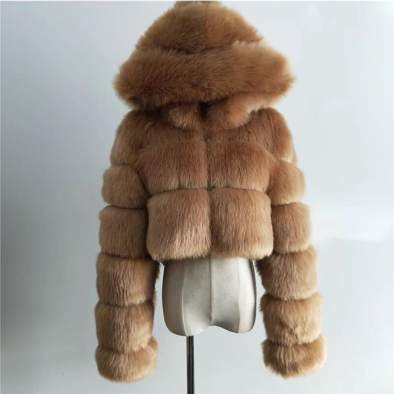 Hochwertige Furry Gestellte Faux Pelz Mäntel und Jacken Frauen Flauschigen Top Mantel Mit Kapuze Winter Pelz Jacke Manteau Femme