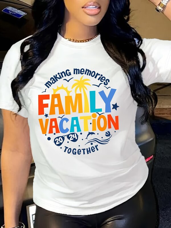 家族の休暇のプリントTシャツ,半袖クルーネックのカジュアルなトップス,婦人服,夏と春