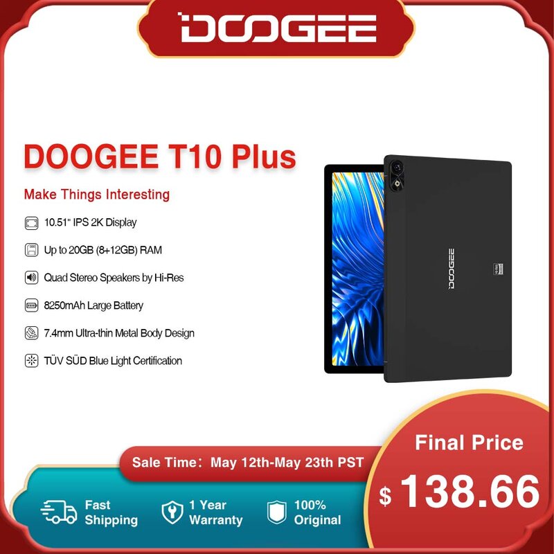 Tablet DOOGEE-T10 Plus, 10.51 ", 2K, TAV, Tela SUD, 8GB + 256GB, 8250mAh, 7,4mm, Corpo Metálico, Alta Resolução, Alto-falantes Estéreo Quad, Estreia Mundial