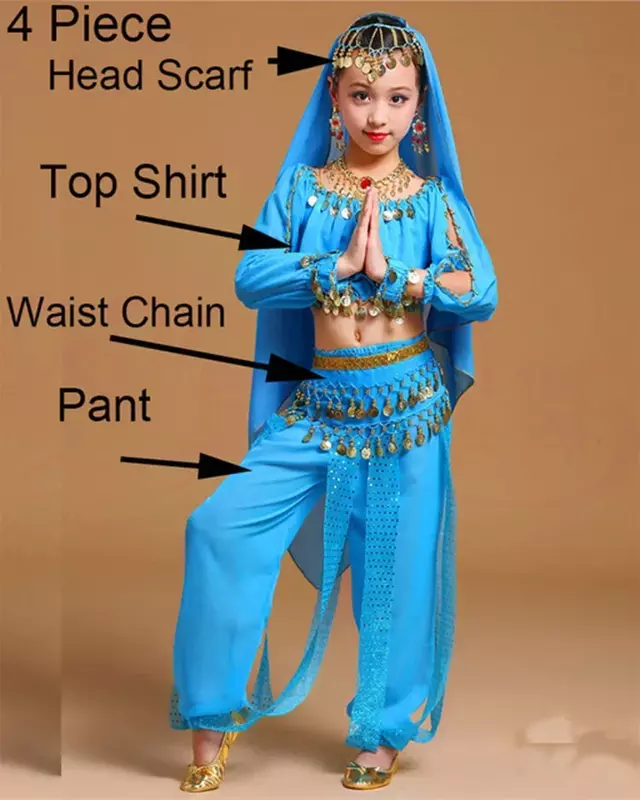 Детские костюмы для танца живота для девочек, костюмы для восточных и индийских танцев, комплект из 4 предметов (топ, рубашка, шарф, цепочка на талию и брюки)