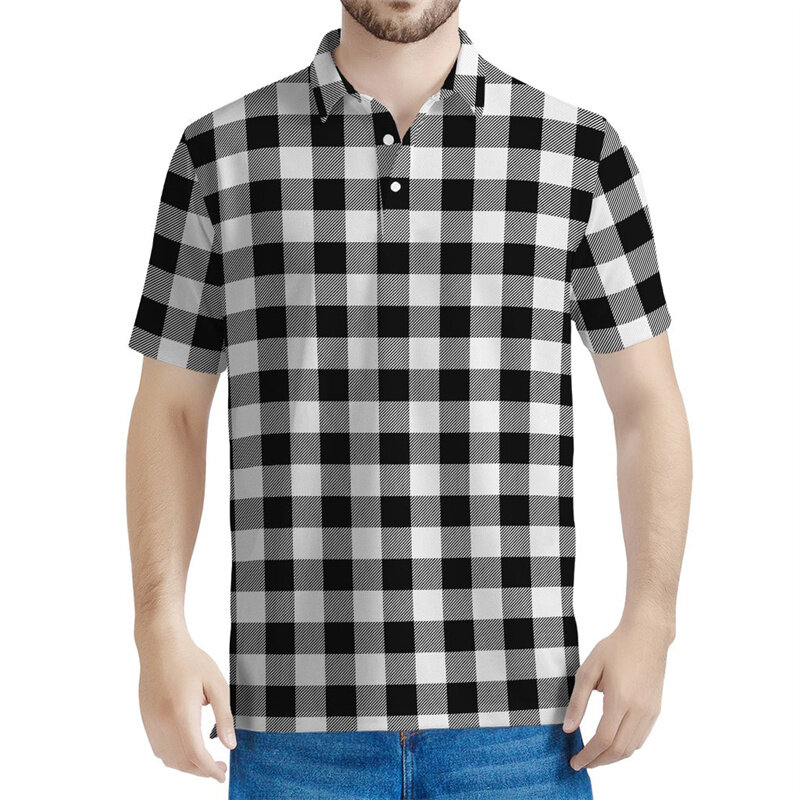 Camisa polo padrão de grades multicoloridas para homens e mulheres, camisetas xadrez estampadas em 3D, tops casuais de mangas curtas soltas, camiseta de lapela