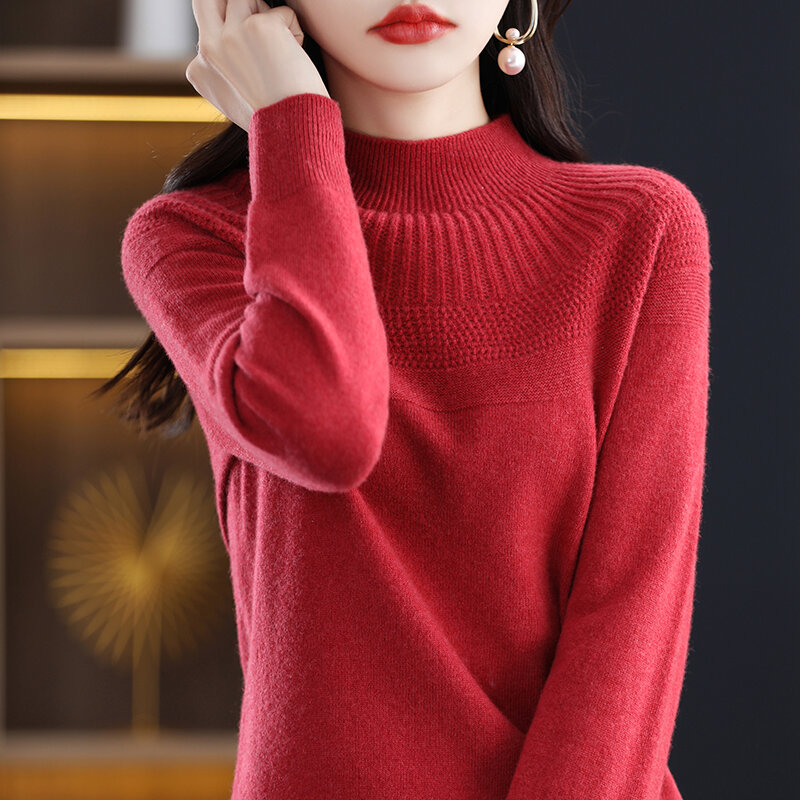 Ladies Exquisite Merino Pure Wool Half Turtleneck Soft Warm Autumn Comfort Seamless One-Line Formed High Design Pullover Sweater
