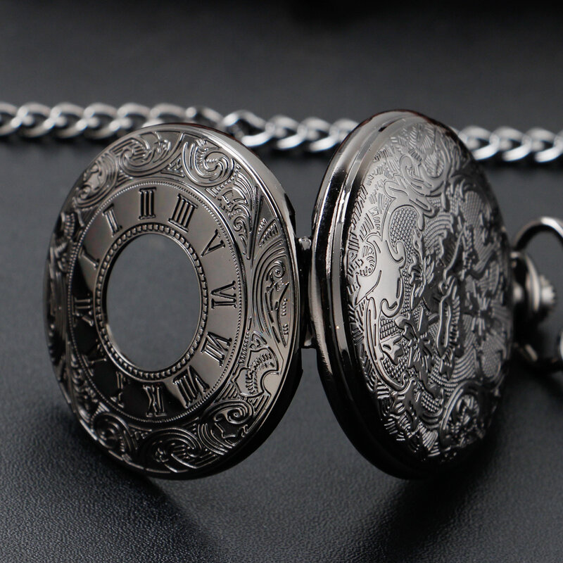 Montre de poche numérique romaine Vintage, noire, All hunter, pour hommes et femmes, collier à Quartz, chaîne à crochet à la taille 30cm, cadeaux
