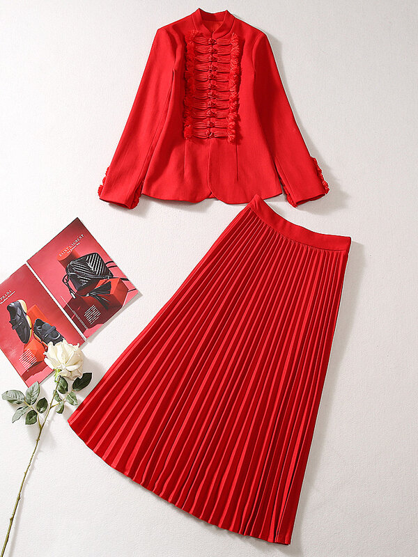 Conjunto de dos piezas de lujo para mujer, chaqueta roja plisada, media falda, informal, elegante, de alta calidad, para fiesta y otoño