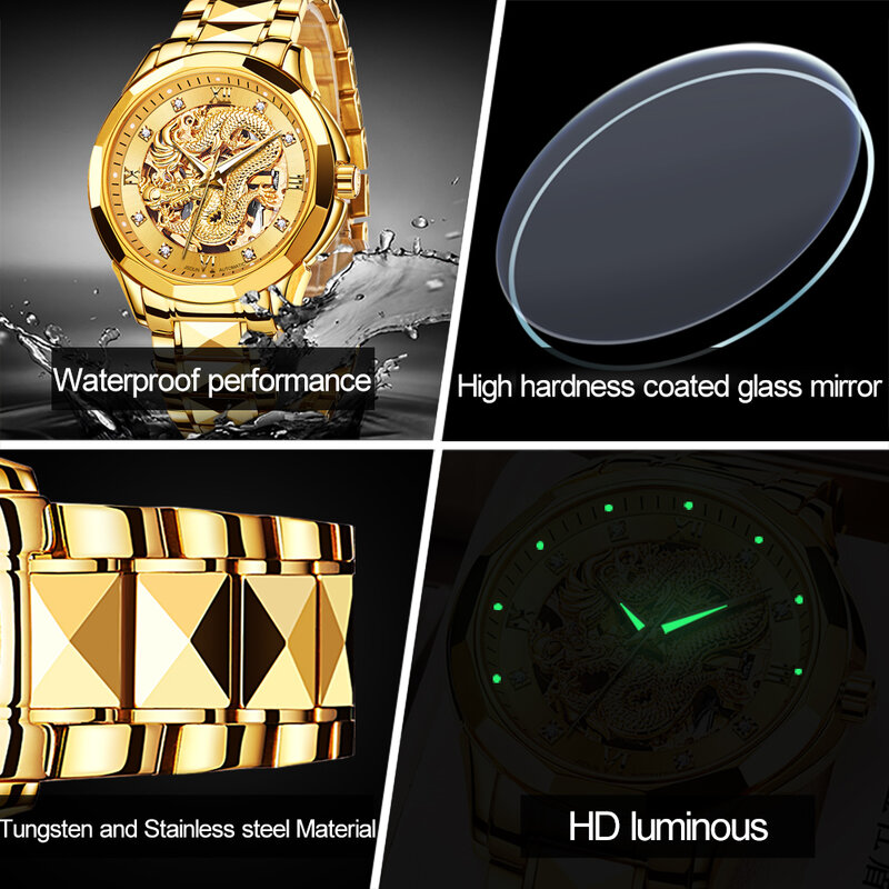 JSDUN-Reloj de dragón dorado para hombre, cronógrafo mecánico automático con correa de acero inoxidable, tallado hueco, marca de lujo, regalo, 8840