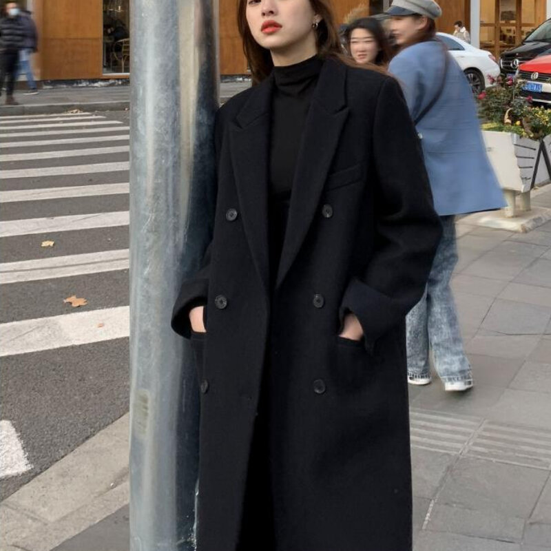 女性の韓国の綿のスーツジャケット,折りたたまれた襟,長袖,ダブルブレスト,厚手,ルーズ,アウター,秋冬
