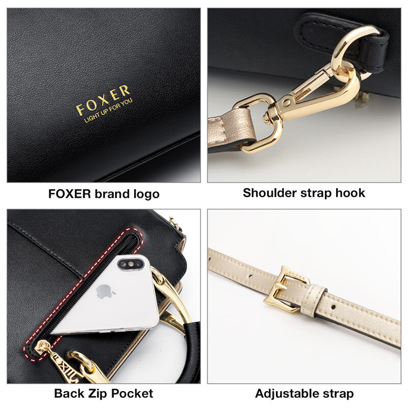 Foxer-女性用ショルダーバッグ,トップハンドル付きレザーハンドバッグ,大容量バッグ,スタイリッシュ,シンプル,シック