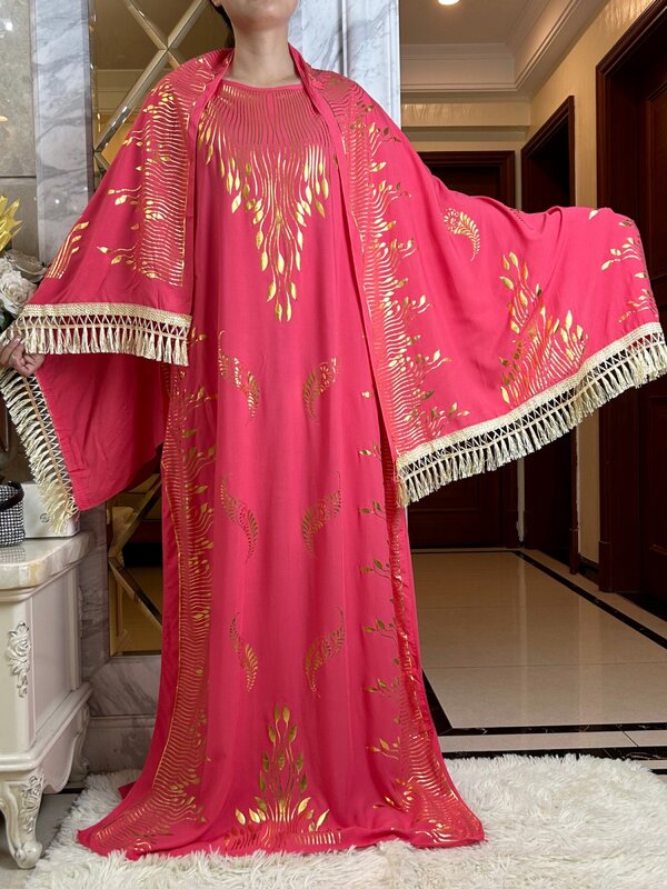 Vestido de manga corta de algodón para mujer, estampado dorado Boubou Maxi, vestido islámico con bufanda grande, ropa suelta africana, verano 2023