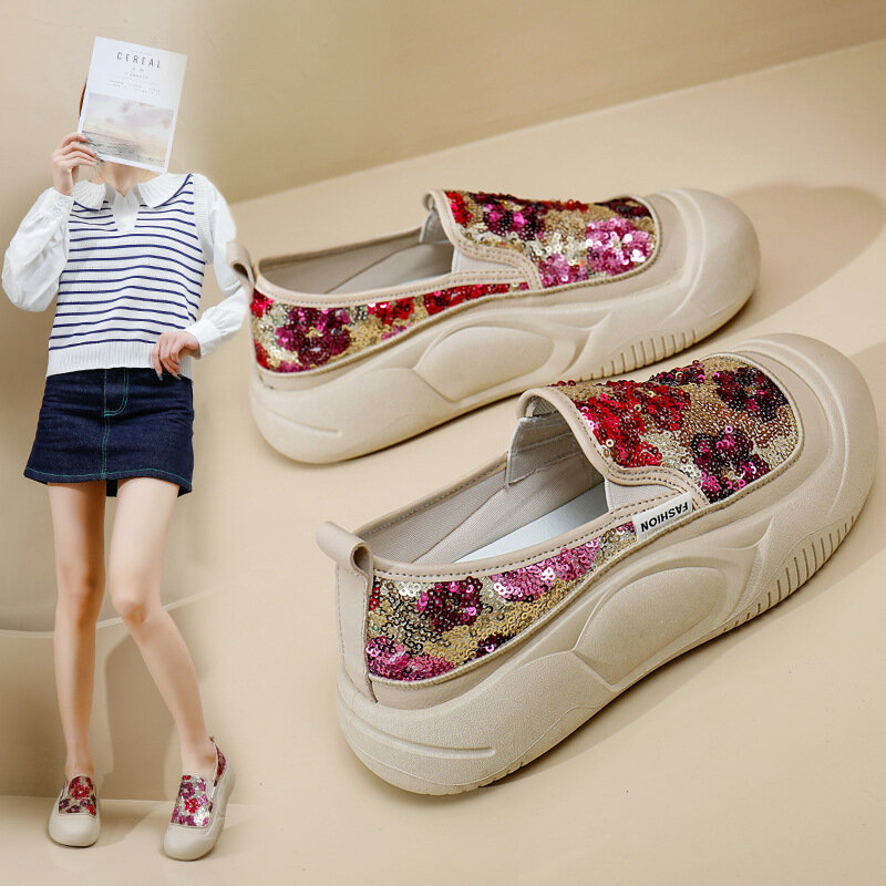 Sepatu wanita trendi gaya Korea, sepatu kasual wanita, nyaman, peninggi, sol tebal, baru, musim semi, 2024