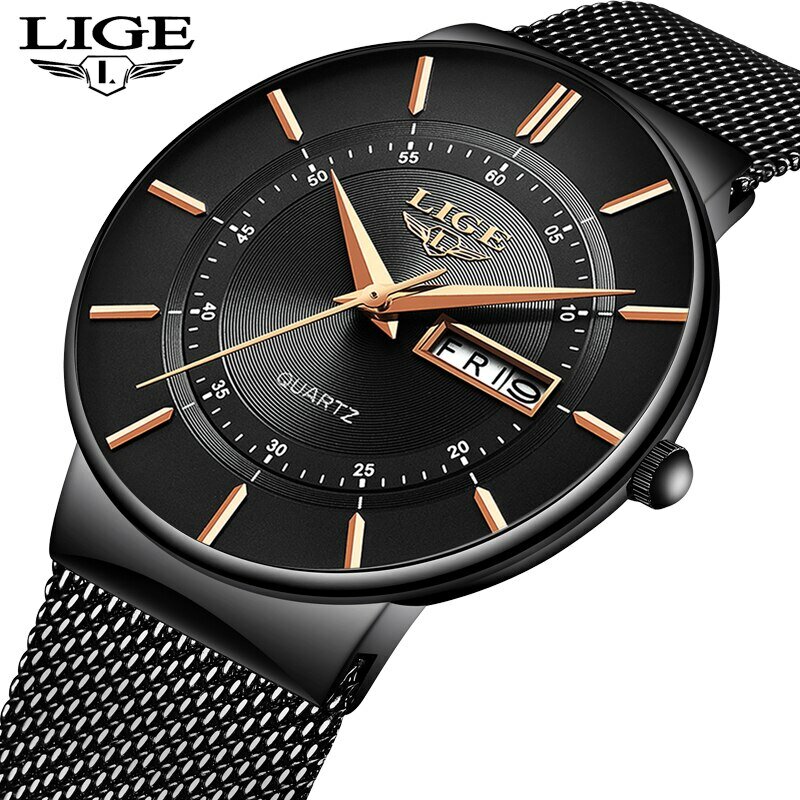 Роскошные мужские часы LIGE 2024, водонепроницаемые ультратонкие часы с датой, мужские повседневные кварцевые часы со стальным ремешком, мужские спортивные наручные часы