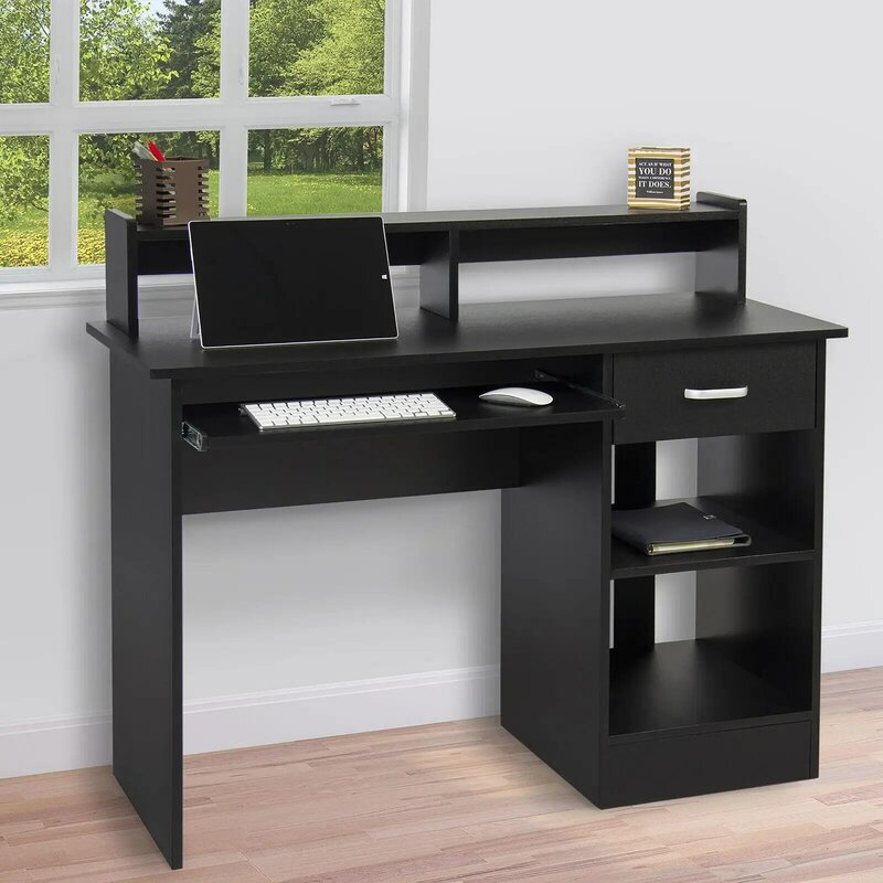 Bureau d'ordinateur domestique en bois, poste de travail, ordinateur portable, PC, table, étagère, noir