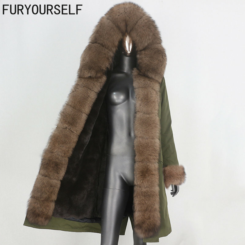 FURYOURSELF 2023 X-long Parka Waterproof Outerwear Real Fur Coat Winter Jacket Women Natural Fox Fur Hood  Outerwear Detachable