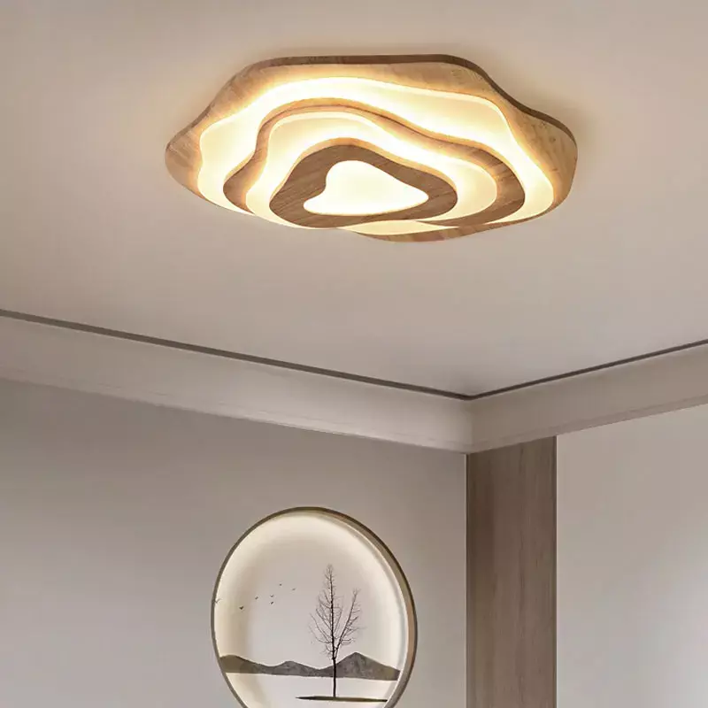 Lampu plafon LED Kayu Nordic Modern, lampu langit-langit kendali jarak jauh untuk ruang tamu kamar tidur ruang makan dapur