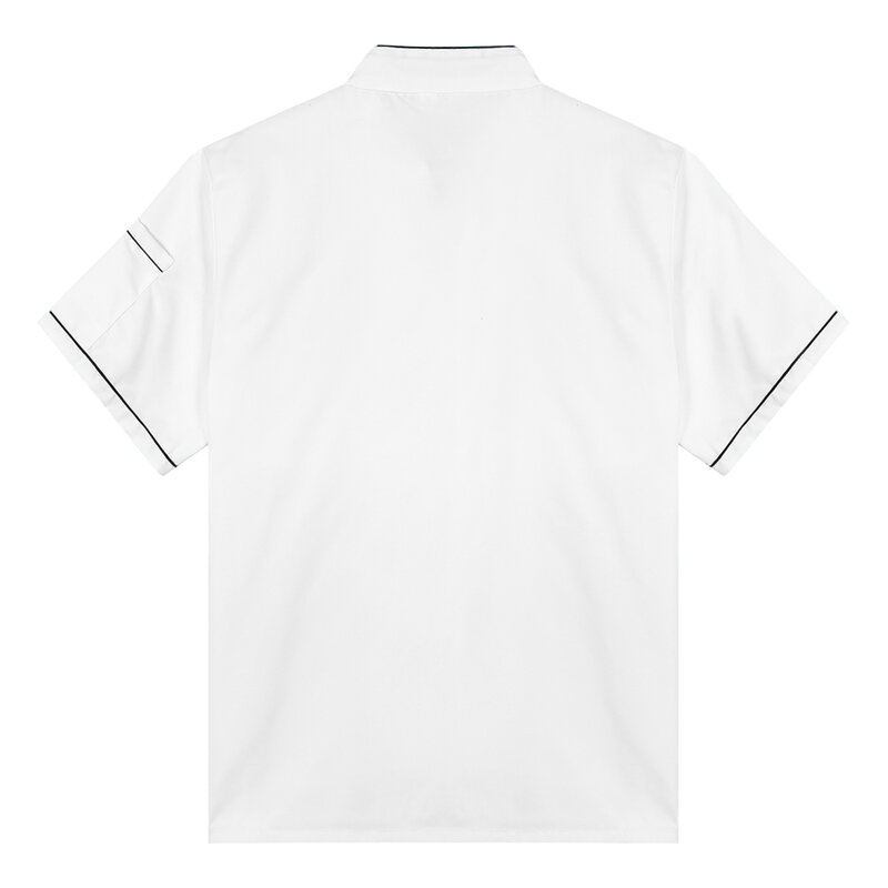 Veste de chef blanche pour hommes et femmes, uniforme de cuisine Chamonix, col montant, bouton vers le bas, abonnés, garniture de documents, hôtel et restaurant