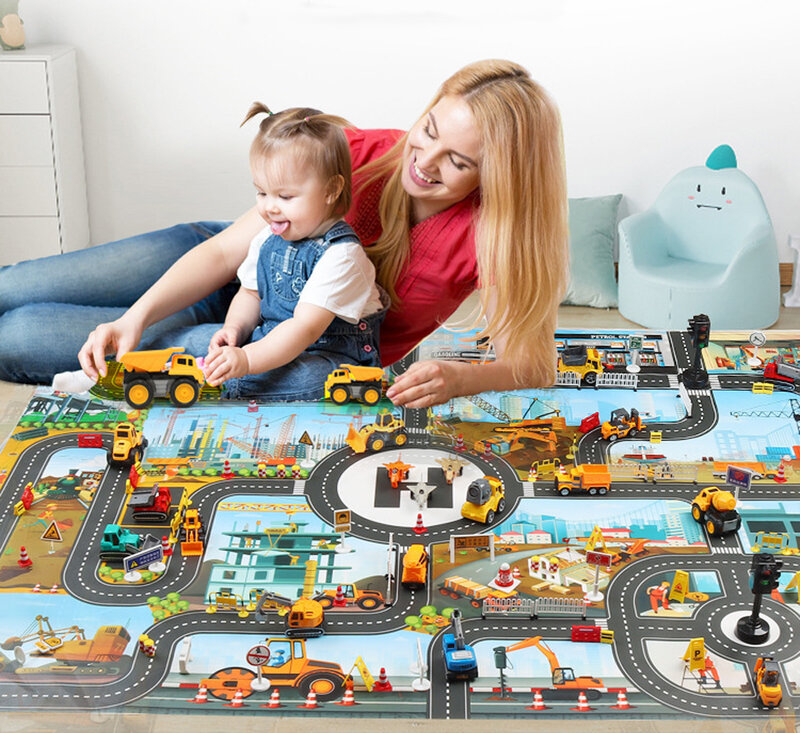 Tapete infantil para brincadeiras, carrinhos animados, mapa de trânsito, brinquedos para meninos e meninas