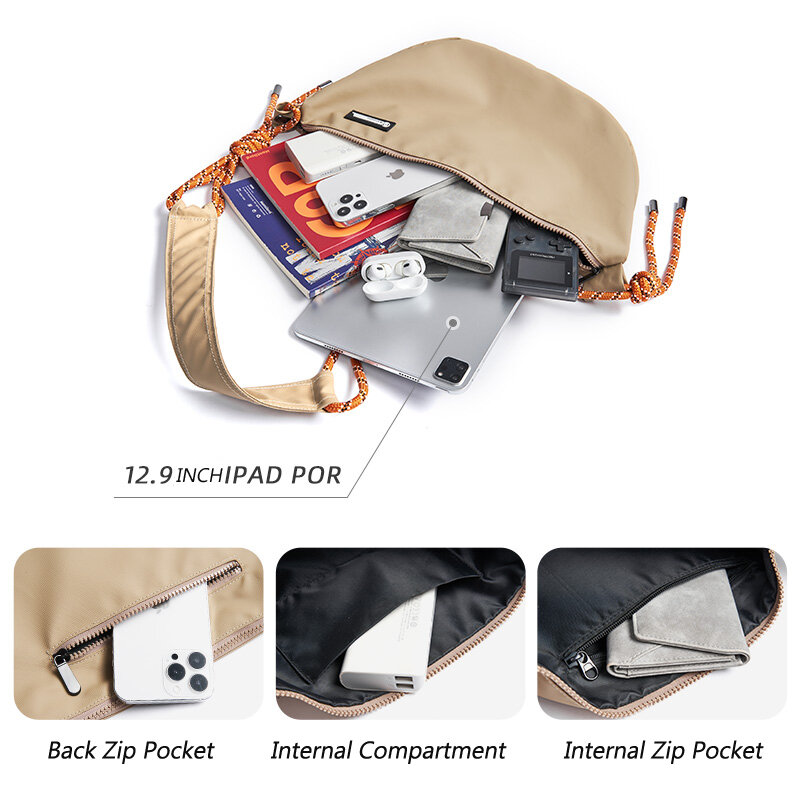 Premium Waterproof Men Cross Body Bag Tassels Taping Women Moon Bag 12.9 inch iPad Zipper Ultralight Hobo Sling Bag for Men
