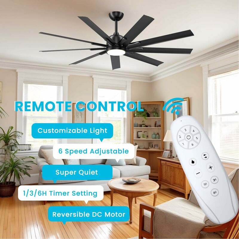 CJOY 72 inch Ceiling Fan with Light, Modern Black Ceiling Fans Remote Control, 9 Aluminium Blade, 6-Speed, Reversible DC Motor
