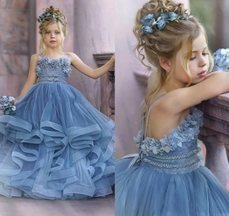 Gaun malam Othray gaun pengantin A-line gaun pengantin lucu tanpa tali biru Ruffles gaun gadis bunga putri imut
