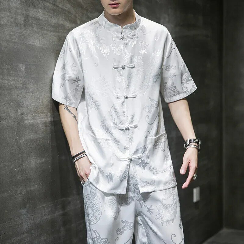 Top cinesi estivi per uomo tradizionale alla moda Dragon Jacquard Tang Suit cotone lino colletto alla coreana camicie a maniche corte da uomo