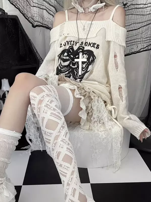Deeptown Y2K sweter rajut tengkorak Harajuku wanita Grunge Kpop Jumper berlubang bahu terbuka Korea Pullover atasan e-girl Jepang