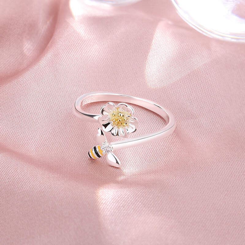 100% 925 anéis de prata esterlina para as mulheres flor abelha simples na moda retro aberto anillos festa presentes acessórios