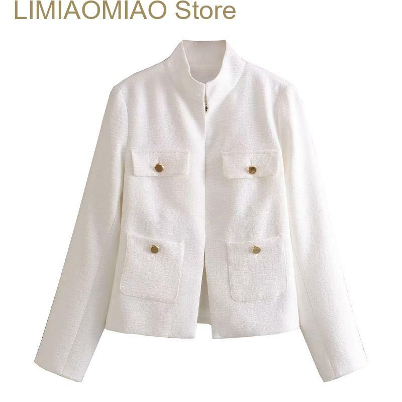 Nowy jesienny elegancki płaszcz damski modny z długim rękawem biurowy dekolt z dekoltem w szpic damskie płaszcze zimowa damska biała marynarka damska kurtka