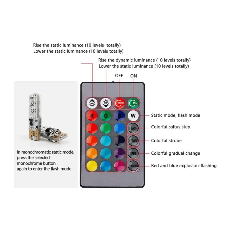 T10 5050 6SMD RGB 2 PCS LED Multi Color Light Car Wedge Automotive Bulbs Flash Remote Control