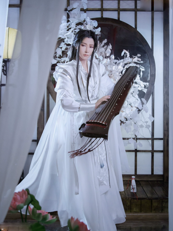 Branco Imortal Estilo Chinês Hanfu Cosplay para Performance de Palco, Espadachim, Traje do Príncipe Acadêmico, Roupas Dramáticas, QLGZ