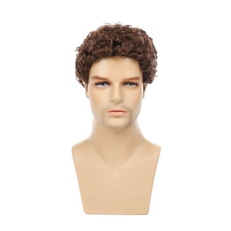 Brown Wig for Men Synthetic Short Curly Wig Man Fluffy Breathable Male Wig with Bangs Daily Cosplay Party Heat Resistant