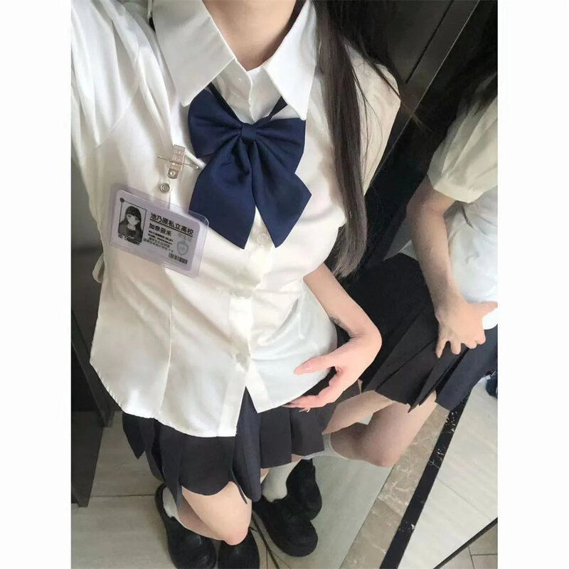 Korean Fashion 2023 New Spring/Summer Sexy Girl Short Sleeve Preppy Style Slim JK Bandage Shirt Women's Bow Tie Neck Blouse Top