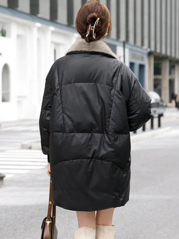 Skórzana kurtka damska prawdziwa puchowa damska zimowa kożuch futro z norek koreańska luźna duży płaszcz Veste Femme