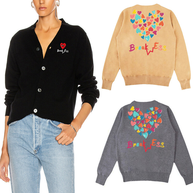 Amor Letter Printing Cotton V-Neck Button Fit Sweater para mulheres, Break Egg Cardigan, Óculos de coração, Bordado colorido traseiro, Outono
