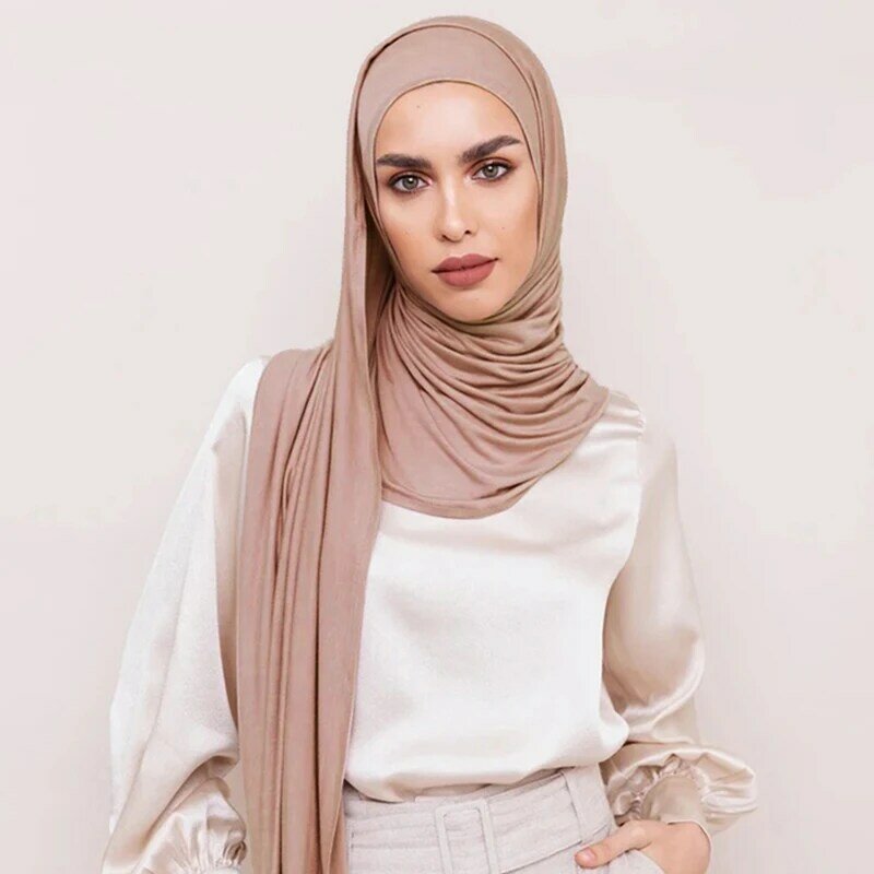 ผ้าพันคอฮิญาบผ้าเจอร์ซีย์ผ้าเจอร์ซี่สำหรับสตรีมุสลิม Medina ผ้าคอตตอนแบบไม่มีเข็มมีผ้าพันศีรษะ53สี